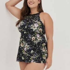 Torrid Strappy High Neck Floral Tankini Top Black 3 (3X, 22-24)